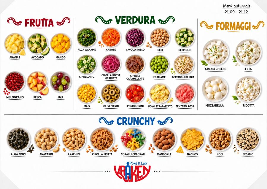 Tavola del menù autunnale Kraken: frutta, verdura, formaggi e ingredienti crunchy