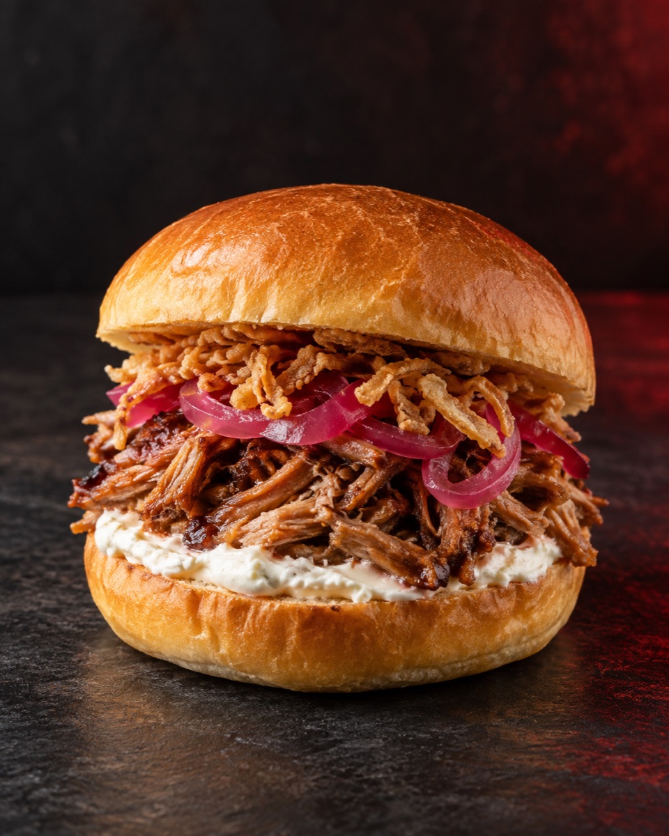 Immagine illustrativa del Potatoes Bun con pulled pork e cipolla marinata
