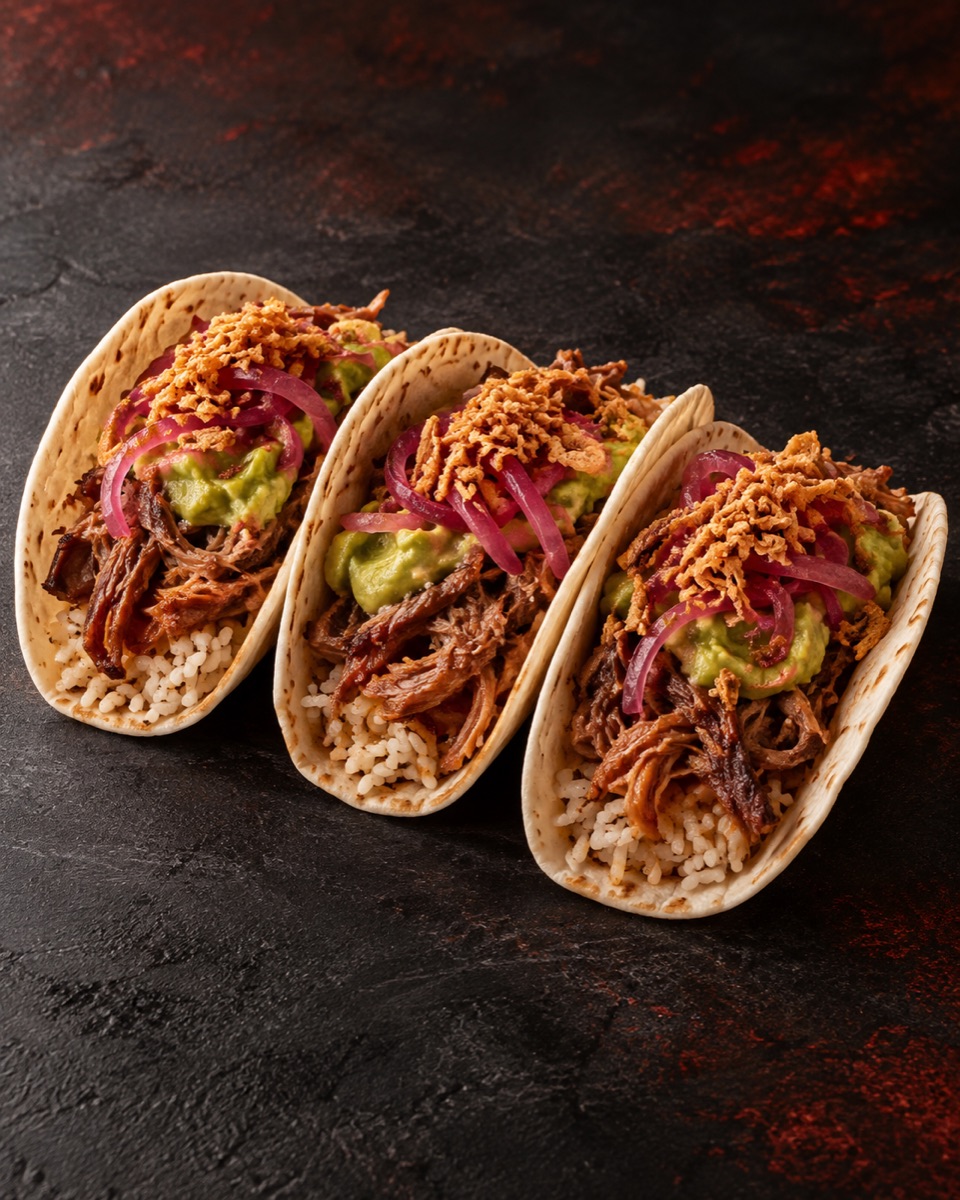 Immagine illustrativa di tre tacos con riso, pulled pork, guacamole e cipolla marinata